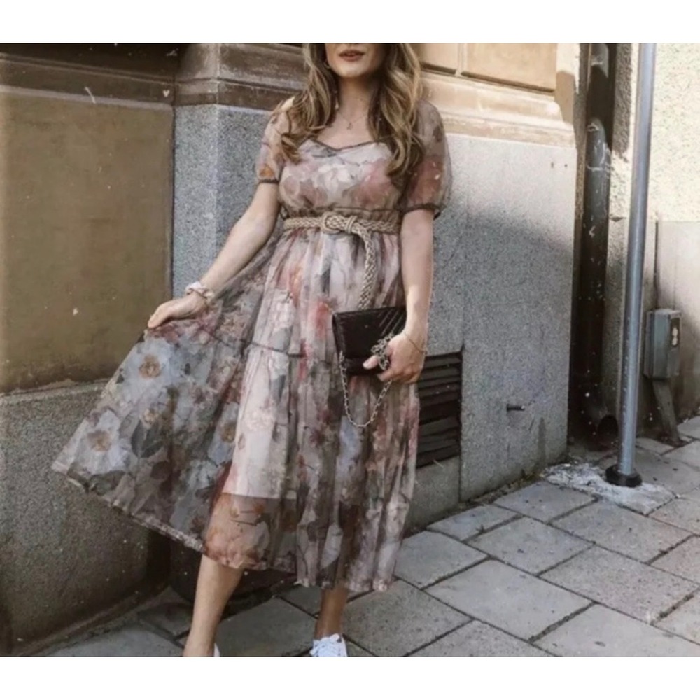 H&M sz M Sheer Floral Puff Sleeve Tiered Tulle Midi Maxi Dress Whimsical Fairy - Picture 5 of 14